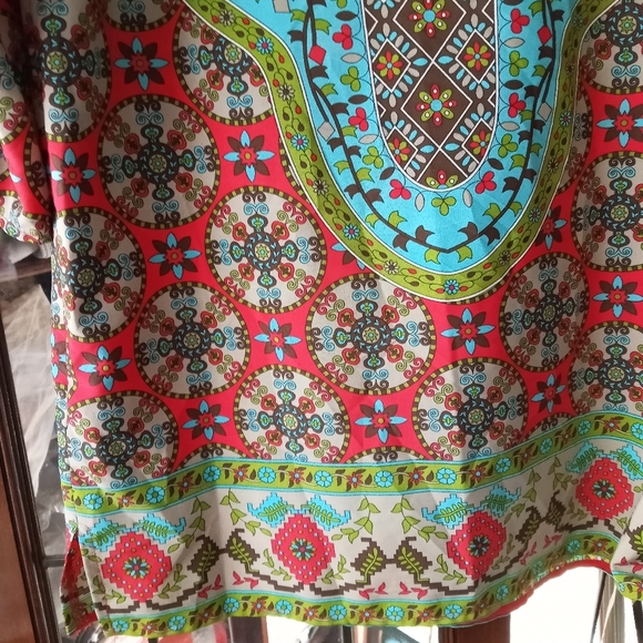 MLW bohemian Neck Tie Vintage Printed Coverup Shift Dress Tunic sz M - Picture 3 of 7